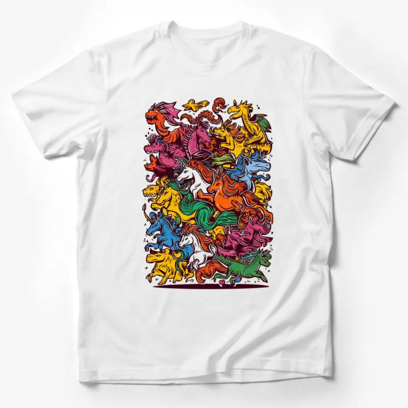 Colorful Unicorn and Dragon Art T-Shirt, Fantasy Creatures Graphic Tee, Vibrant Mythical Design, Unisex Clothing Male T-Shirt