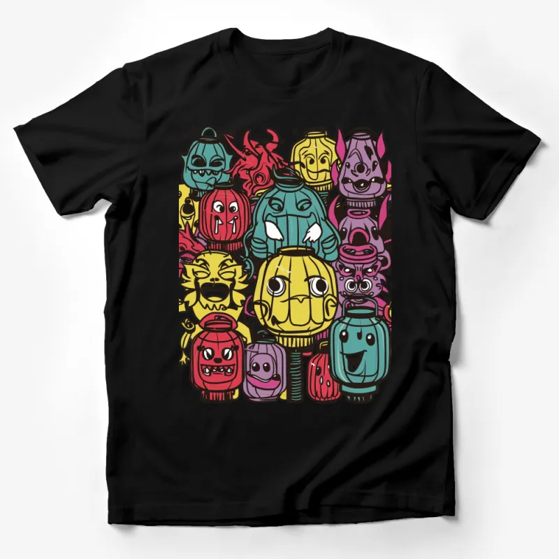 Colorful Monster Faces T-Shirt, Fun Cartoon Style, Vibrant Unique Graphics, Unisex Tee Male T-Shirt