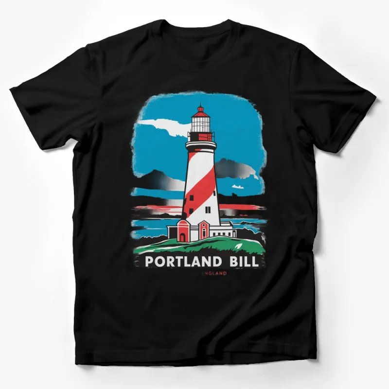 Vintage Portland Bill Lighthouse England T-Shirt, Retro Style Nautical Graphic Tee, Travel and Adventure Male T-Shirt