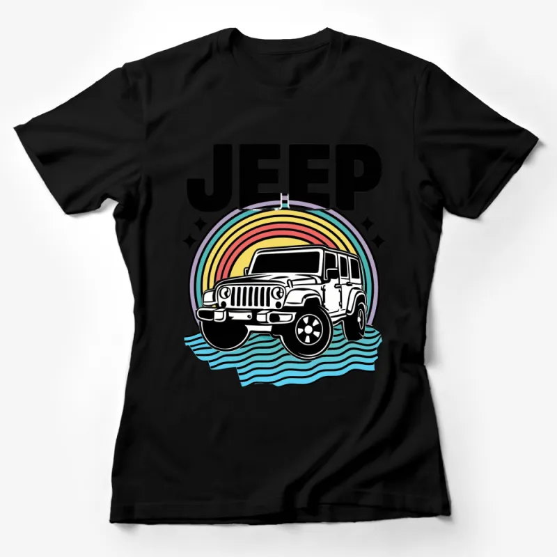 Retro Jeep Rainbow Graphic Tee, Vintage-Inspired Car Enthusiast T-Shirt, Unique Off-Road Apparel Female T-Shirt