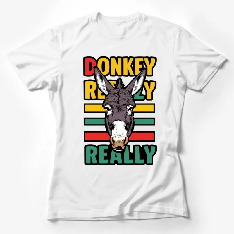 Retro Donkey Graphic T-Shirt, Bold Stripes and Text, Fun Animal Face Tee, Unisex Adult Clothing Female T-Shirt