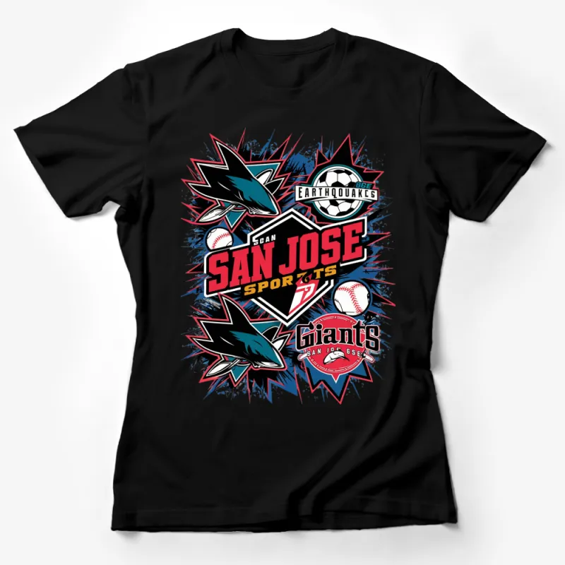 San Jose Sports Team Graphic T-Shirt, Vibrant Baseball and Football Design, Colorful Casual Wear Female T-Shirt