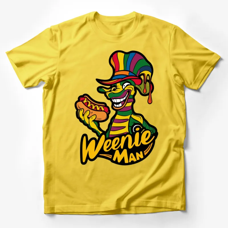 Colorful Weenie Man Cartoon T-Shirt, Fun Hot Dog Character, Vibrant Street Food Apparel, Unisex Tee Male T-Shirt