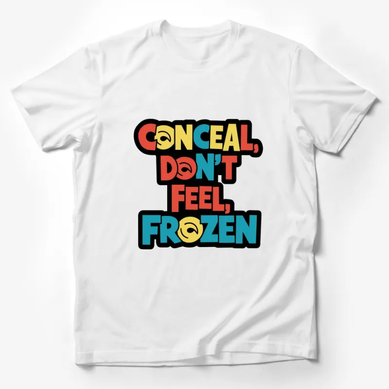 Colorful Frozen Inspired T-Shirt, Conceal Don't Feel Quote, Bold Retro Style Graphic Tee for Disney Fans Male T-Shirt