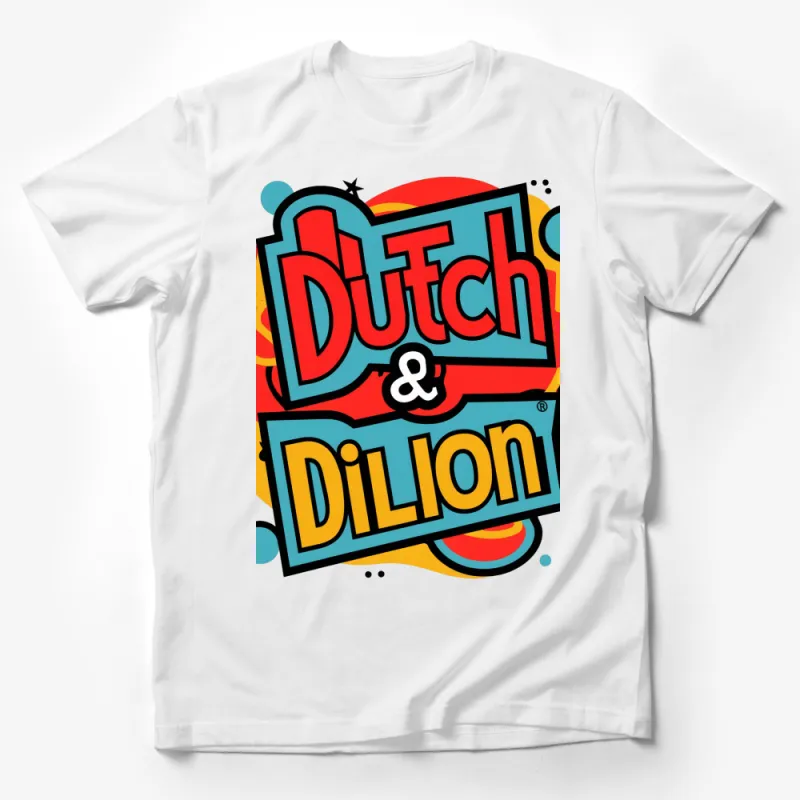 Vintage Dutch and Dillon Bold Logo T-Shirt, Retro Comic Style Graphic Tee, Colorful Casual Wear Male T-Shirt