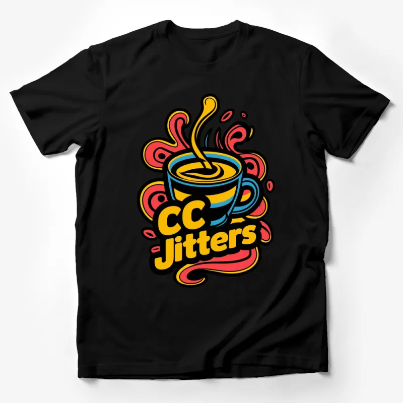 Colorful Coffee Cup CC Jitters Graphic T-Shirt, Unique Cartoon Style Coffee Lover Tee, Bright Yellow and Blue Male T-Shirt