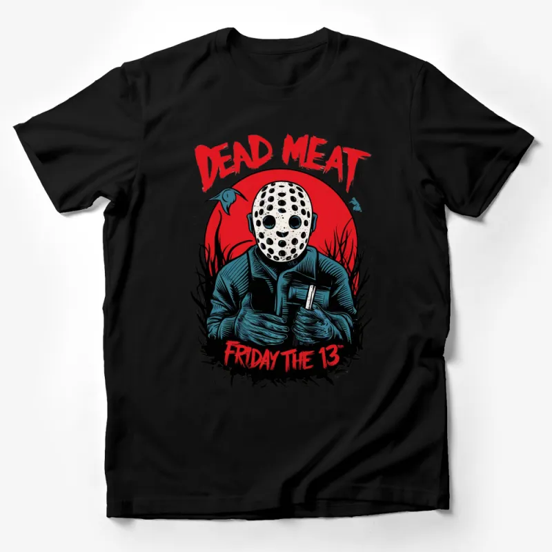 Dead Meat Friday the 13th Horror Movie T-Shirt, Scary Film Graphic Tee, Jason Inspired Shirt, Red and Black Male T-Shirt