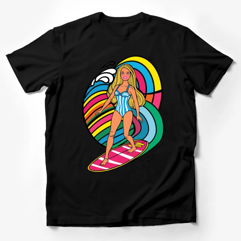 Barbie Surfer Girl T-Shirt, Colorful Rainbow Wave Graphic Tee, Retro Style Beachwear, Summer Fashion Top for Women Male T-Shirt