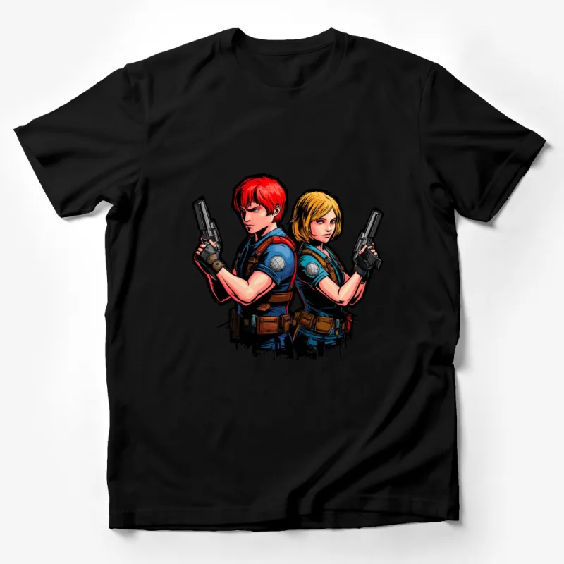 Unisex Action Hero Couple T-Shirt, Animated Characters Gun Theme, Bold Graphic Tee Male T-Shirt