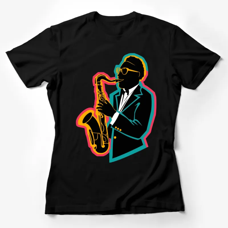 Colorful Jazz Saxophonist Graphic T-Shirt, Musician Art Tee, Unique Sax Player Silhouette Design Female T-Shirt