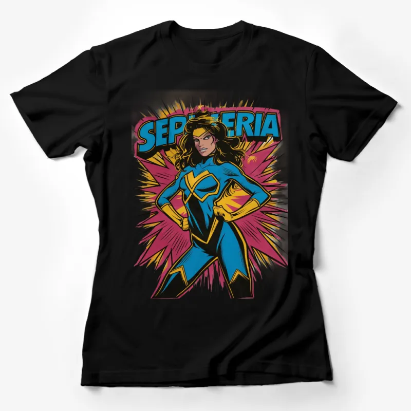 Superhero Comic Book Style T-Shirt, Vibrant Seporia Graphic Tee, Colorful and Trendy Female T-Shirt