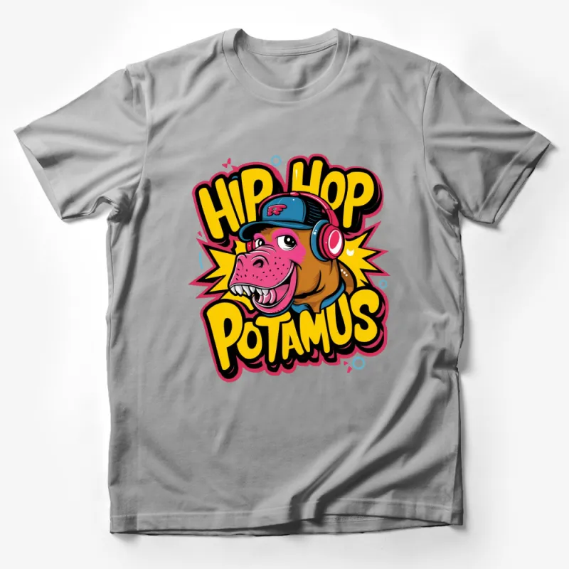 Hip Hop Potamus T-Shirt, Funky Cartoon Hippopotamus with Headphones, Colorful Urban Streetwear Tee Male T-Shirt