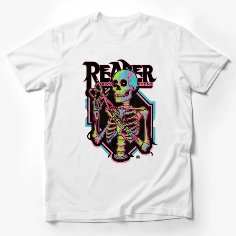 Reaner Records Skeleton Graphic T-Shirt, Pink and Black Unisex Tee, Retro Music Skull Shirt Male T-Shirt