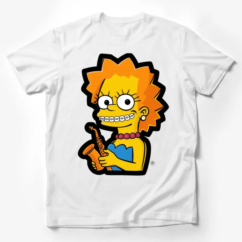 Bright Yellow Cartoon Character Saxophone T-Shirt, Fun Unique Graphic Tee for All Ages Male T-Shirt