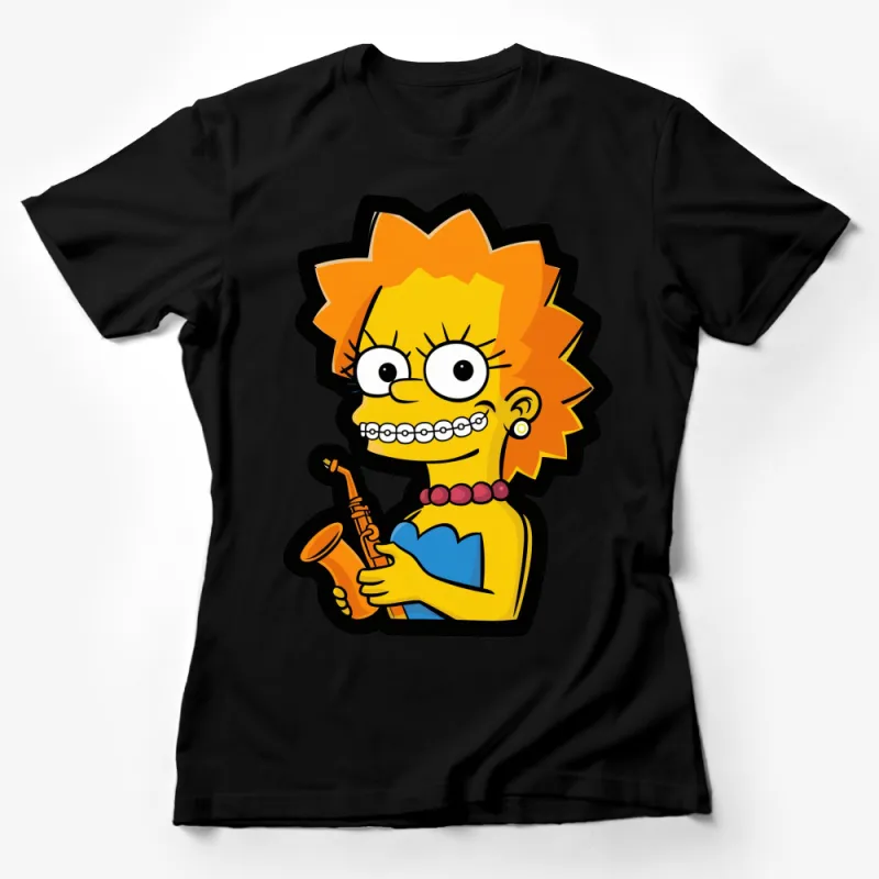 Bright Yellow Cartoon Character Saxophone T-Shirt, Fun Unique Graphic Tee for All Ages Female T-Shirt