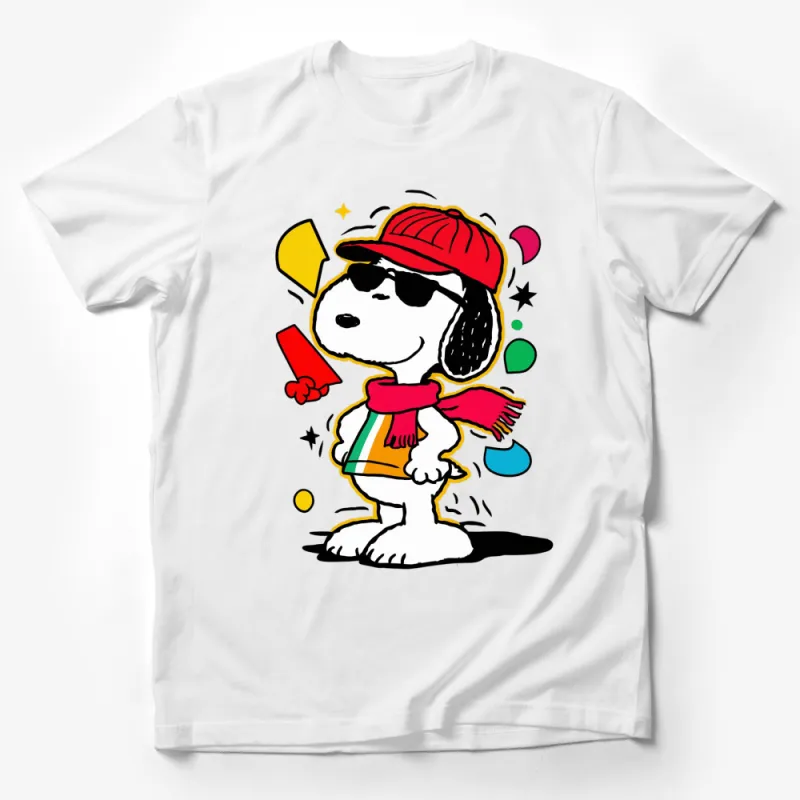 Cool Snoopy T-Shirt, Cartoon Dog in Hat and Scarf, Colorful Fun Tee for All Ages Male T-Shirt