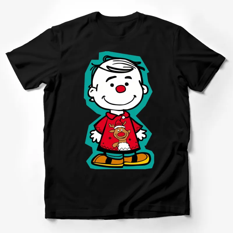 Vintage Cartoon Boy and Reindeer Christmas T-Shirt, Retro Style Festive Holiday Tee, Unisex Clothing Male T-Shirt