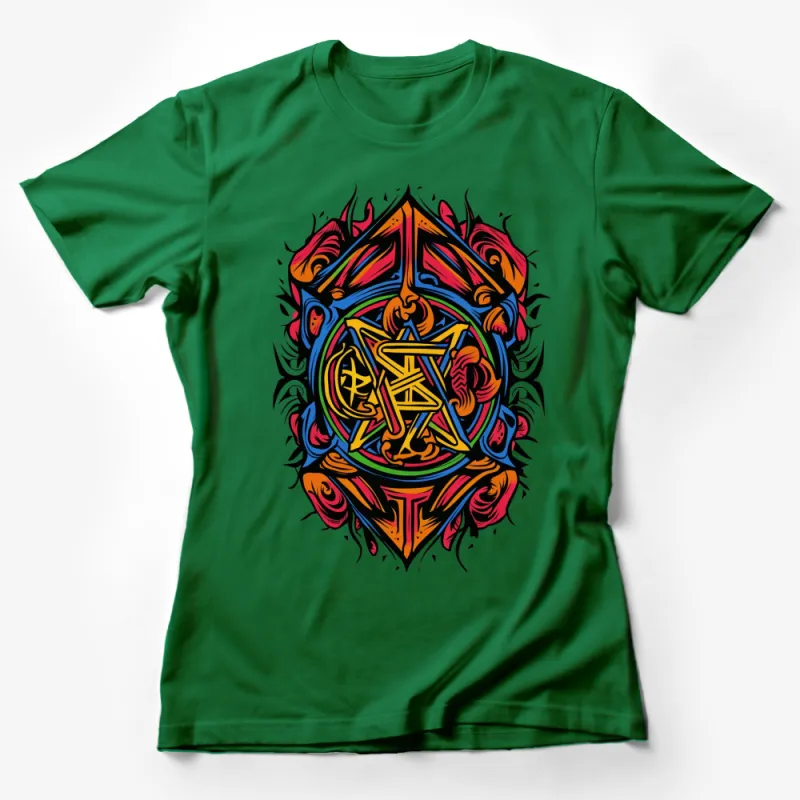 Colorful Tribal Pentacle T-Shirt, Mystical Pagan Wiccan Symbol, Unisex Graphic Tee, Bright Abstract Art Female T-Shirt