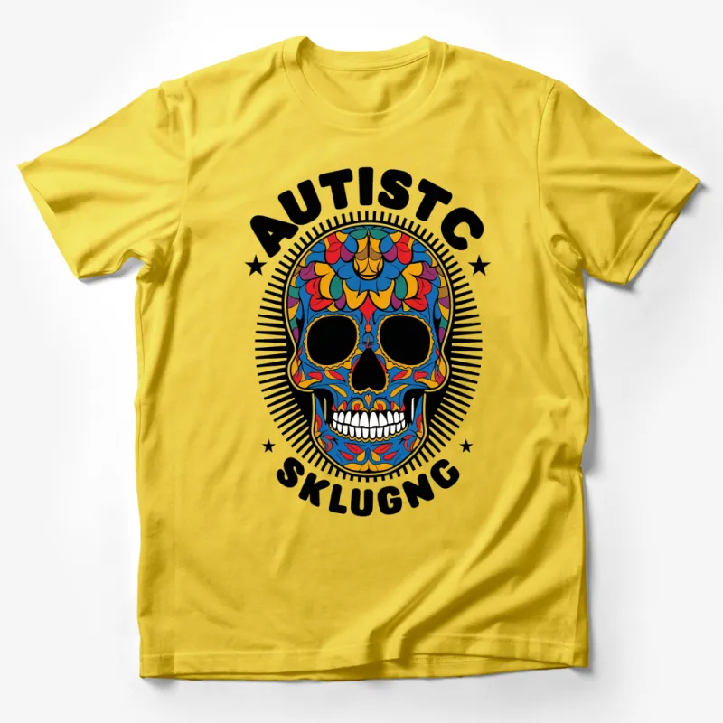 Autistic Skull Graphic T-Shirt, Colorful Sugar Skull Design, Artistic Autism Awareness Tee Male T-Shirt