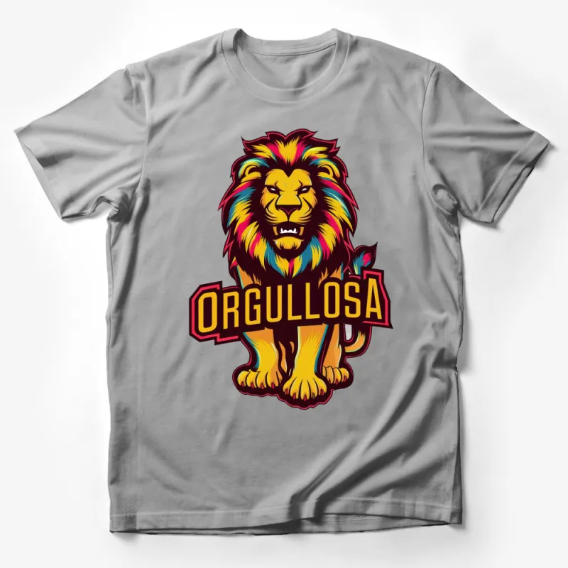 Colorful Lion Graphic T-Shirt, Orgullosa Lion Pride Tee, Unique Animal Design Shirt, Unisex Male T-Shirt