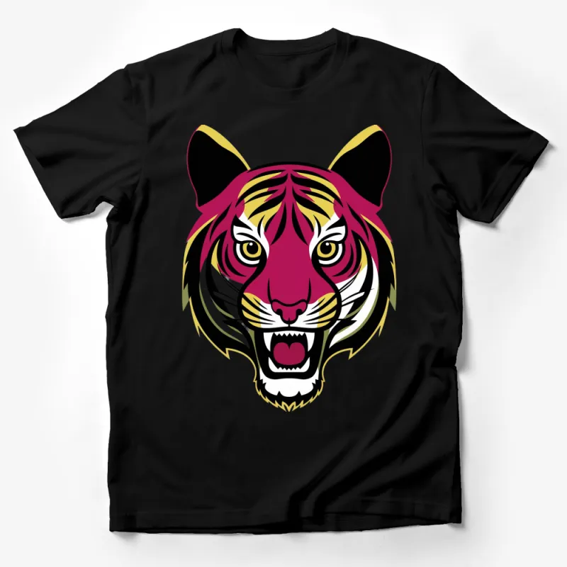 Vibrant Pink and Yellow Tiger Face Graphic T-Shirt, Unisex Animal Print Tee, Bold Wildlife Design Male T-Shirt