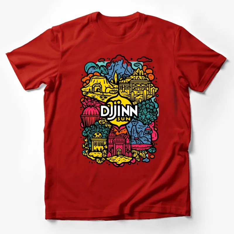 Colorful Djinn Sun Graphic T-Shirt, Artistic Mountain and Buildings Illustration Tee, Unique Gift Idea Male T-Shirt