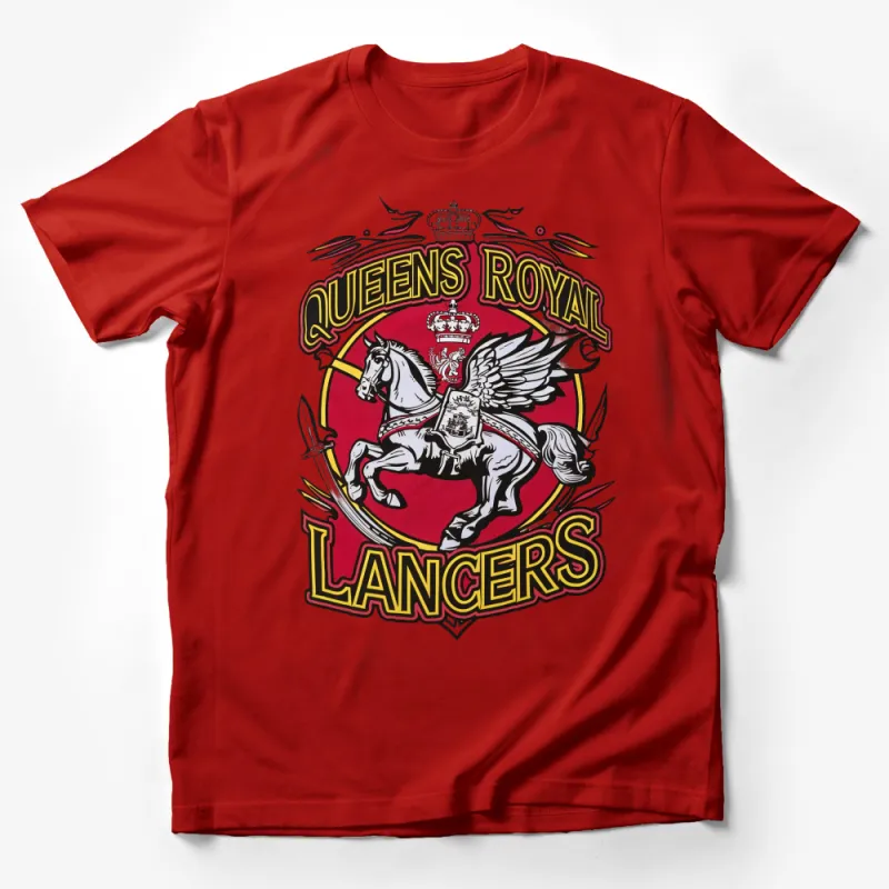 Queens Royal Lancers Crest Red Tee, Vintage Military Emblem T-Shirt, Horse and Sword Graphic Male T-Shirt