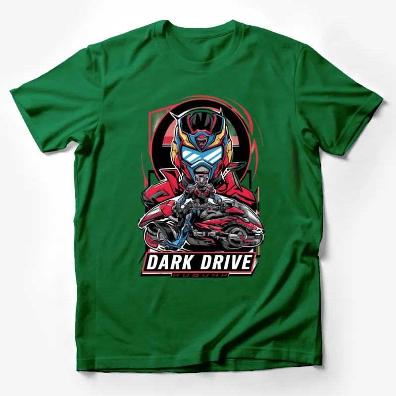 Dark Drive Motorcycle Rider Superhero Graphic T-Shirt, Bold Red and Black Design Male T-Shirt