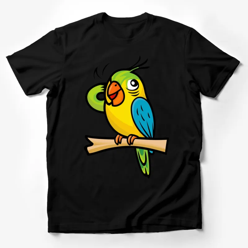 Colorful Cartoon Parrot T-Shirt, Funny Bird on Branch Design, Unisex Graphic Tee for All Ages Male T-Shirt