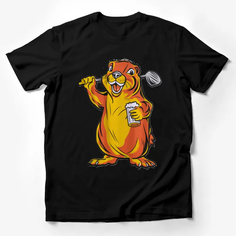 Cartoon Beaver T-Shirt, Funny Beer Drinking Beaver Graphic Tee, Unisex Party Shirt Male T-Shirt