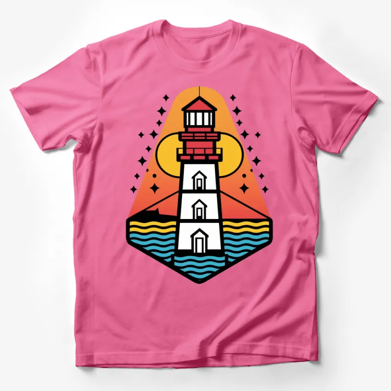 Vintage Lighthouse Graphic T-Shirt, Nautical Ocean Sunset Tee, Unisex Clothing, Colorful Beach Style Top Male T-Shirt