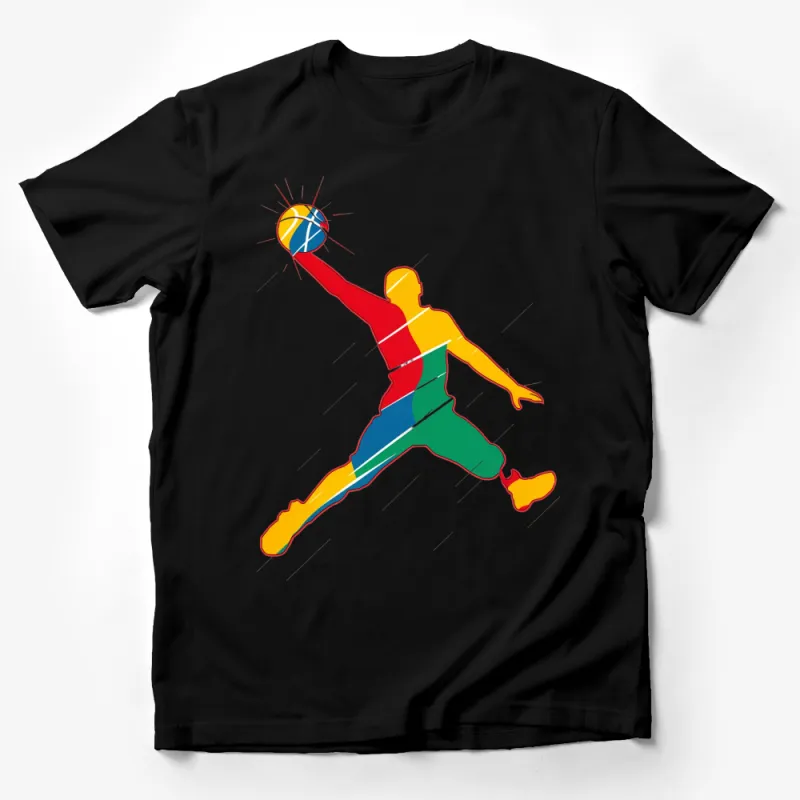 Colorful Basketball Player Silhouette Graphic T-Shirt, Sports Fan Tee, Athletic Casual Wear Male T-Shirt