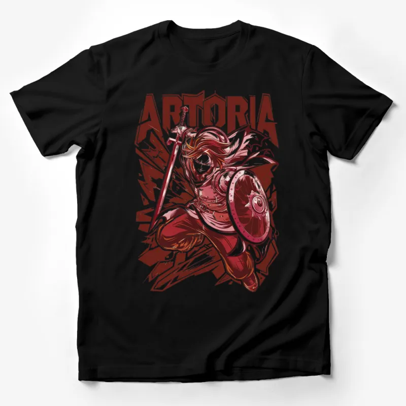 Artoria Warrior Graphic Tee, Fantasy Knight Design, Bold Red and White T-Shirt, Epic Battle Shirt Male T-Shirt