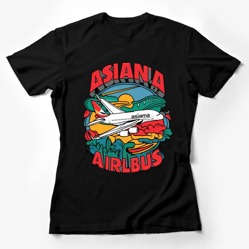 Asian Travel Graphic T-Shirt, Colorful Airbus and Clouds Design, Trendy Aviation Apparel, Unisex Tee Female T-Shirt