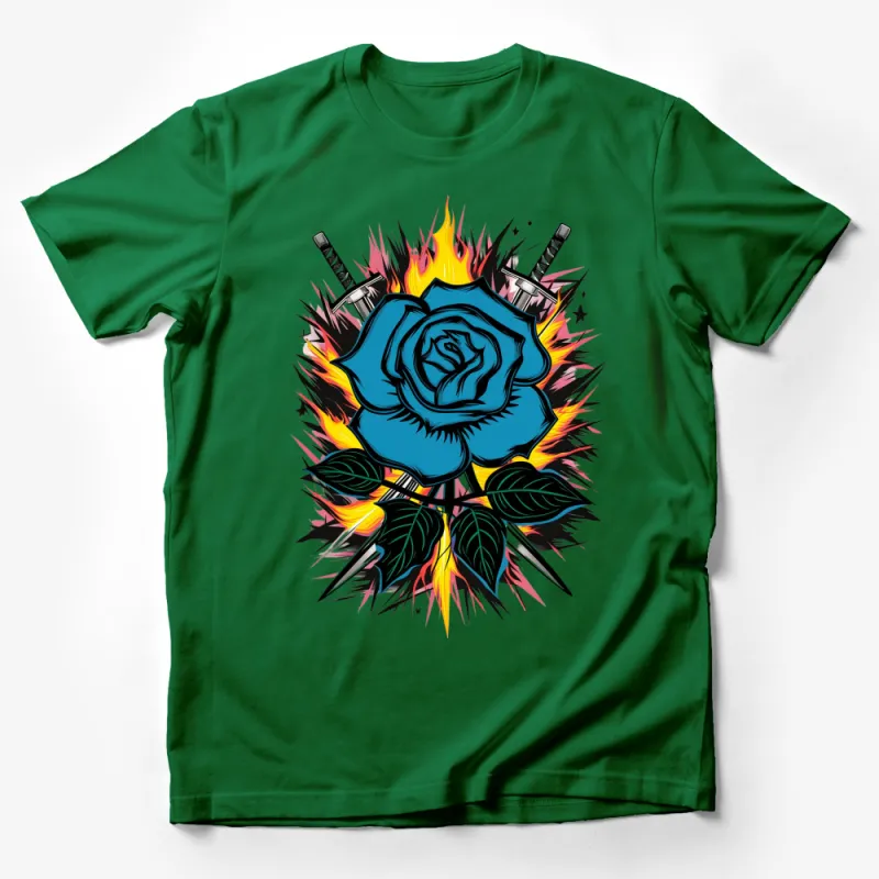 Blue Rose and Flaming Swords Graphic T-Shirt, Trendy Unisex Tee, Perfect Gift for Tattoo Lovers Male T-Shirt