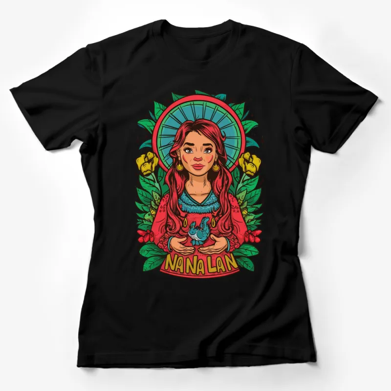 Vibrant Mexican Folk Art Style T-Shirt with Woman and Blue Squirrel Graphic Female T-Shirt