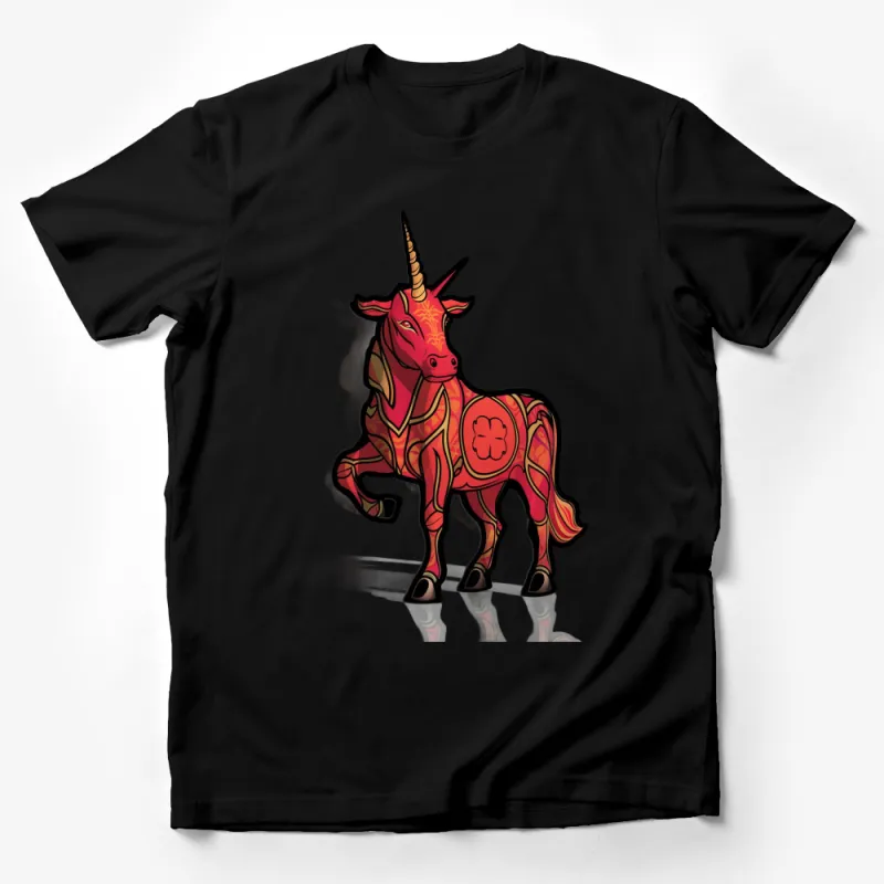 Vibrant Red Unicorn Graphic T-Shirt, Artistic Mythical Creature Design, Perfect Gift for Fantasy Lovers Male T-Shirt