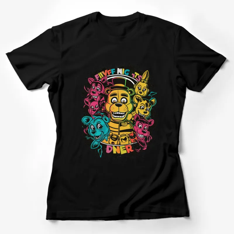 Colorful Cartoon Diner Animals T-Shirt, Vintage-Style Graphic Tee, Fun and Bright Kids' and Adults' Apparel Female T-Shirt