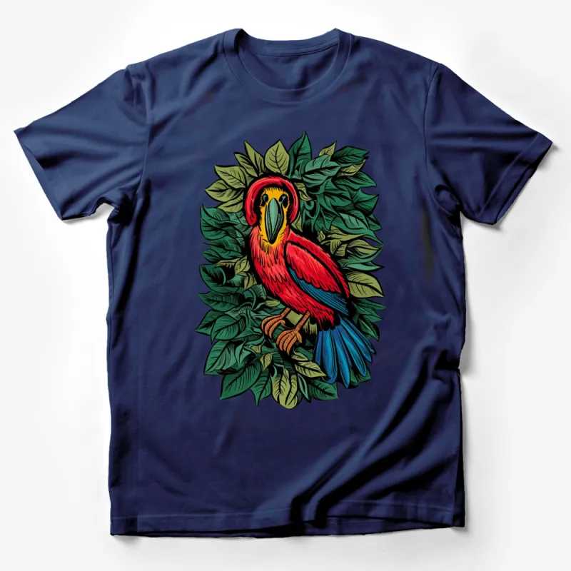 Vibrant Tropical Parrot T-Shirt, Colorful Bird and Green Leaves Graphic Tee, Unique Wildlife Clothing Male T-Shirt