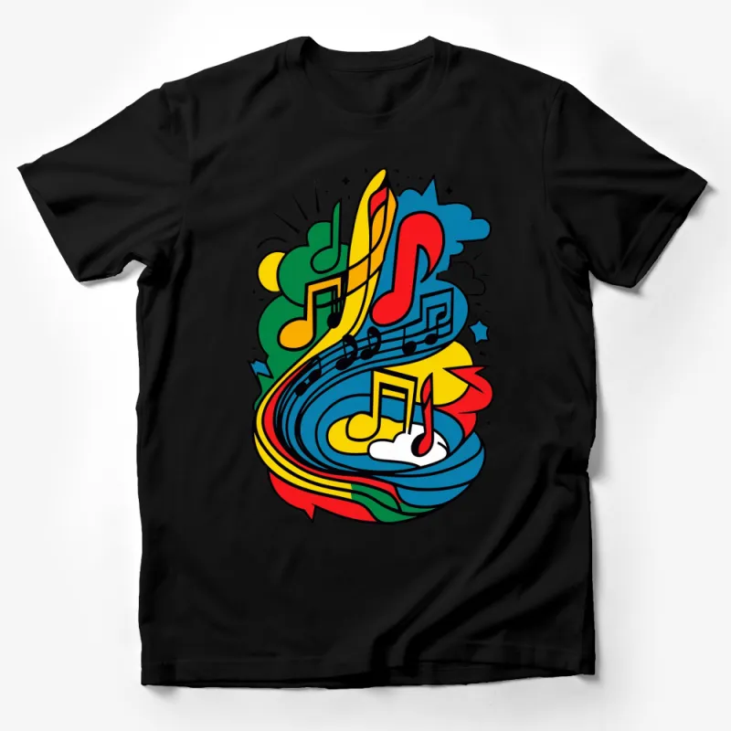 Colorful Music Notes and Waves Graphic T-Shirt, Vibrant Artistic Design Tee, Unisex Music Lover Shirt Male T-Shirt