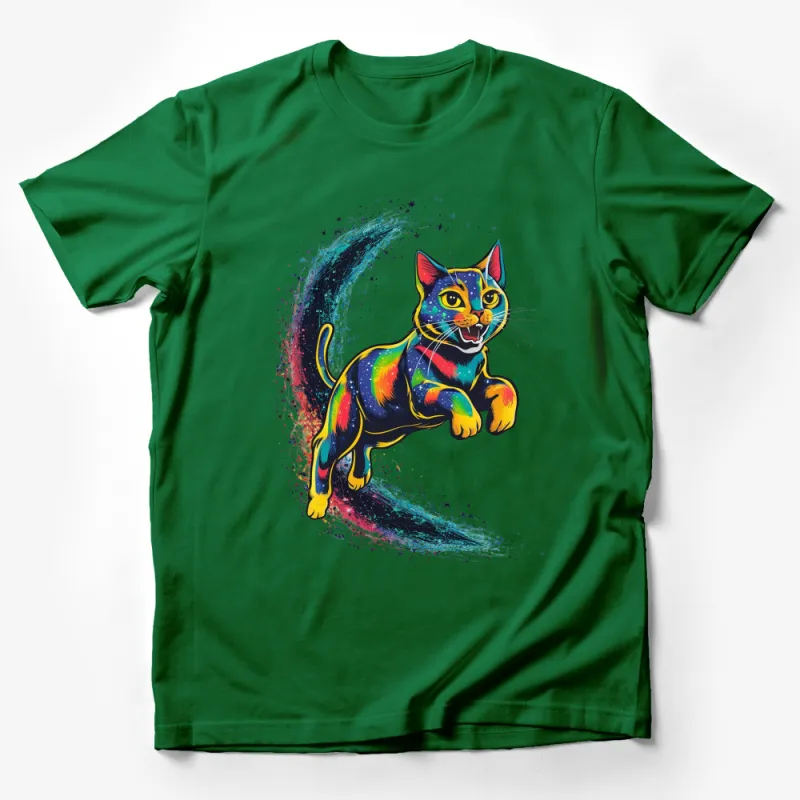 Colorful Cosmic Cat T-Shirt, Vibrant Space-Themed Feline Design, Unisex Graphic Tee for All Ages Male T-Shirt