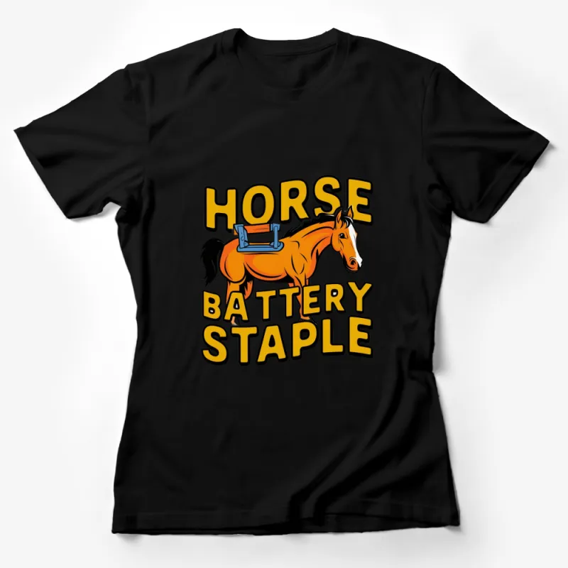 Horse Battery Staple Graphic T-Shirt, Vibrant Comic Style Design, Unisex Trendy Apparel Female T-Shirt