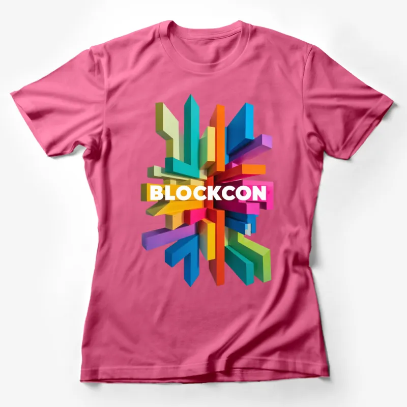 Vibrant BLOCKCON 3D Graphic T-Shirt, Colorful Geometric Design, Unisex Casual Wear Female T-Shirt