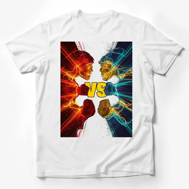 Superhero VS Battle T-Shirt, Colorful Comic Book Style, Vibrant Graphic Tee Male T-Shirt