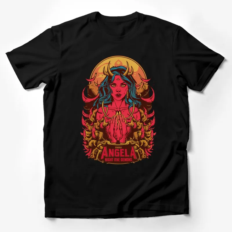 Angela Night the Demons Graphic T-Shirt, Bold Red and Gold Art Design, Unique Illustration Style, Fashionable Streetwear Male T-Shirt