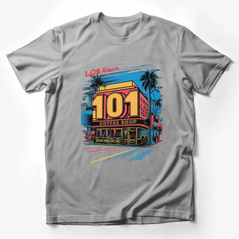 Retro Los Angeles 101 Coffee Shop T-Shirt, Vintage Diner Graphic Tee, Palm Trees and Sunset Design Male T-Shirt