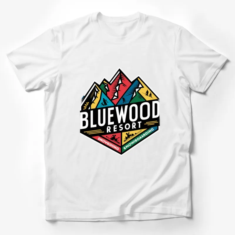 Bluewood Resort Skiing Snowboarding Graphic T-Shirt, Colorful Mountain Winter Sports Tee, Unisex Apparel Male T-Shirt