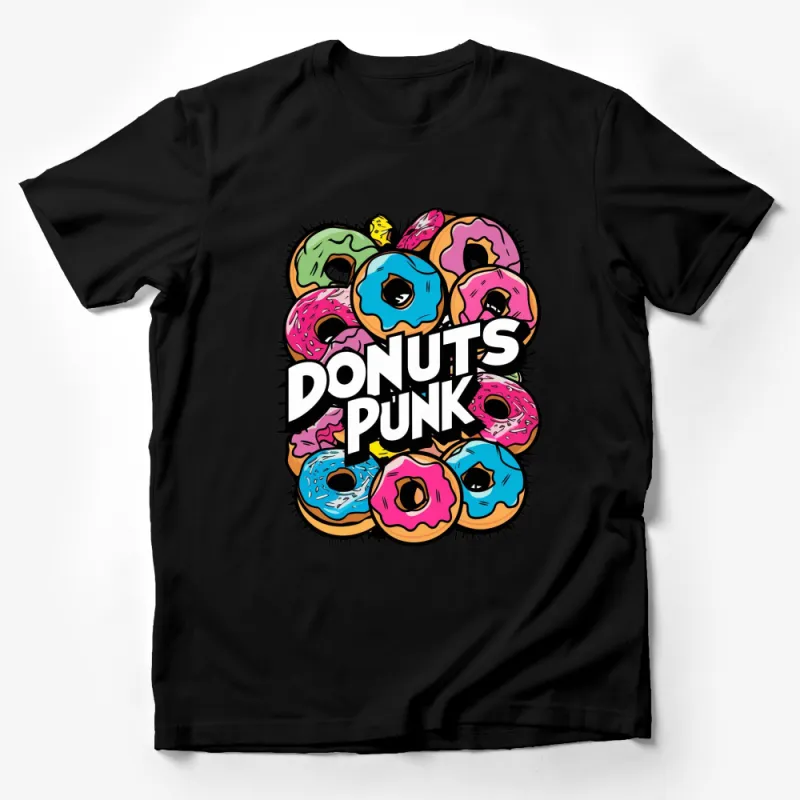 Colorful Donuts Punk Graphic T-Shirt, Fun Funky Doughnut Lover Tee, Unisex Casual Streetwear Shirt for Food Fans Male T-Shirt