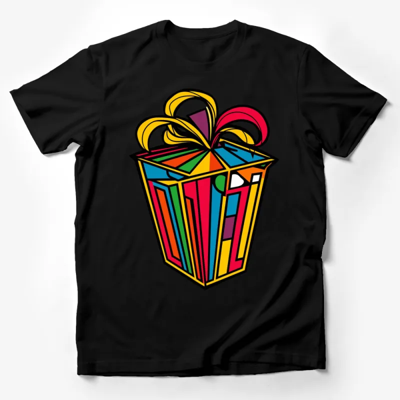 Colorful Striped Gift Box T-Shirt, Vibrant Party Present Graphic Tee, Unisex Male T-Shirt