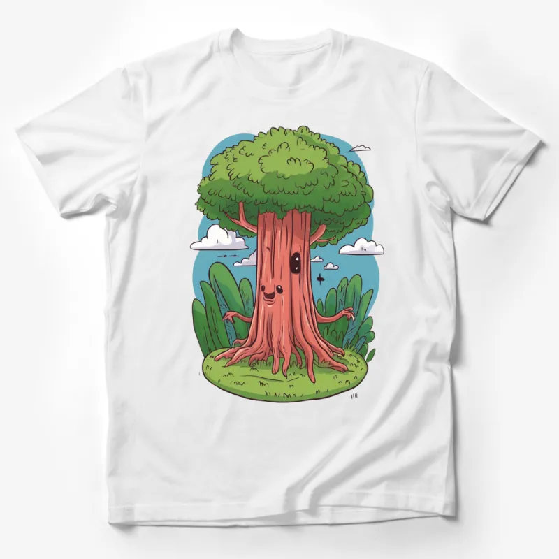 Whimsical Cartoon Tree Design T-Shirt, Fun Nature Inspired Graphic Tee, Unisex Male T-Shirt